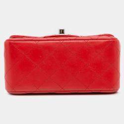 Pre Owned Chanel Red Mini Square Classic Lambskin Flap