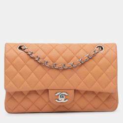 Pre Owned Chanel Orange Medium Classic Caviar Double Flap