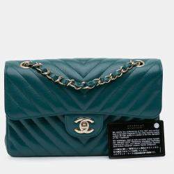 Pre Owned Chanel Blue Small Classic Chevron Caviar Double Flap