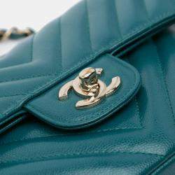 Pre Owned Chanel Blue Small Classic Chevron Caviar Double Flap