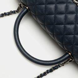 Pre Owned Chanel Navy Blue Large Caviar Coco Top Handle Bag