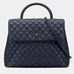 Pre Owned Chanel Navy Blue Large Caviar Coco Top Handle Bag
