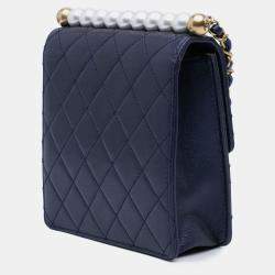Pre Owned Chanel Navy Blue Small Lambskin Chic Pearls Flap
