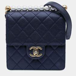Pre Owned Chanel Navy Blue Small Lambskin Chic Pearls Flap