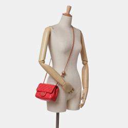 Pre Owned Chanel Red Mini Square Classic Lambskin Pearl Crush Single Flap