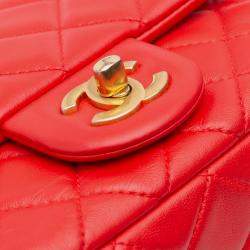 Pre Owned Chanel Red Mini Square Classic Lambskin Pearl Crush Single Flap