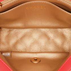 Pre Owned Chanel Red Mini Square Classic Lambskin Pearl Crush Single Flap