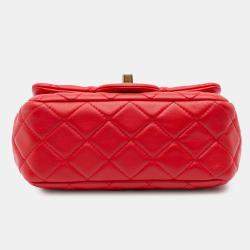 Pre Owned Chanel Red Mini Square Classic Lambskin Pearl Crush Single Flap