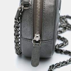 Pre Owned Chanel Black Metallic Caviar CC Filigree Round Clutch with Chain