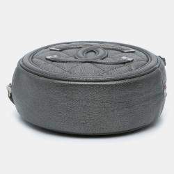 Pre Owned Chanel Black Metallic Caviar CC Filigree Round Clutch with Chain