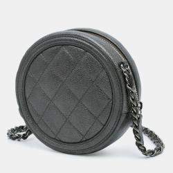 Pre Owned Chanel Black Metallic Caviar CC Filigree Round Clutch with Chain