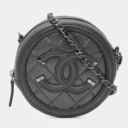 Pre Owned Chanel Black Metallic Caviar CC Filigree Round Clutch with Chain