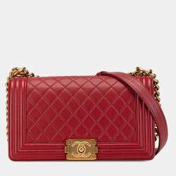 Pre Owned Chanel Red Old Medium Quilted Lambskin Boy Flap