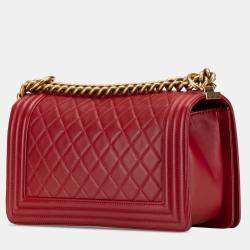 Pre Owned Chanel Red Old Medium Quilted Lambskin Boy Flap