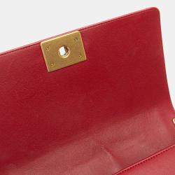 Pre Owned Chanel Red Old Medium Quilted Lambskin Boy Flap