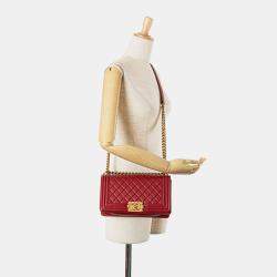 Pre Owned Chanel Red Old Medium Quilted Lambskin Boy Flap