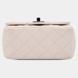 Pre Owned Chanel White Mini Square Classic Crumpled Calfskin Single Flap