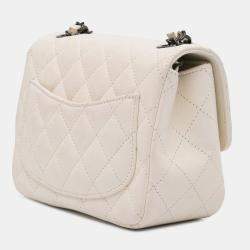 Pre Owned Chanel White Mini Square Classic Crumpled Calfskin Single Flap