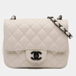 Pre Owned Chanel White Mini Square Classic Crumpled Calfskin Single Flap
