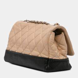 Pre Owned Chanel Beige/Black CC Bicolor Quilted Calfskin and Caviar Single Flap