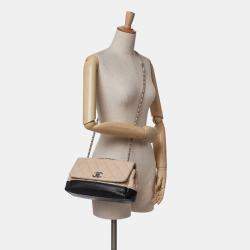 Pre Owned Chanel Beige/Black CC Bicolor Quilted Calfskin and Caviar Single Flap