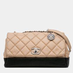 Pre Owned Chanel Beige/Black CC Bicolor Quilted Calfskin and Caviar Single Flap