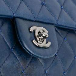 Pre Owned Chanel Navy Blue Small Quilted Lambskin Beaded Single Flap