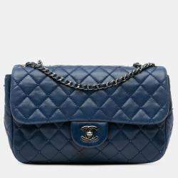 Pre Owned Chanel Navy Blue Small Quilted Lambskin Beaded Single Flap