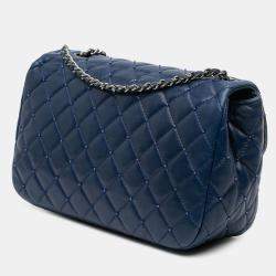 Pre Owned Chanel Navy Blue Small Quilted Lambskin Beaded Single Flap