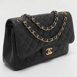 Pre Owned Chanel Black Quilted Caviar Leather Jumbo Classic Double Flap Bag
