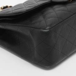 Pre Owned Chanel Black Quilted Caviar Leather Jumbo Classic Double Flap Bag