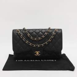 Pre Owned Chanel Black Quilted Caviar Leather Jumbo Classic Double Flap Bag