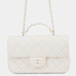 Pre Owned Chanel Matelasse Top Handle Bag White Lambskin Size 20