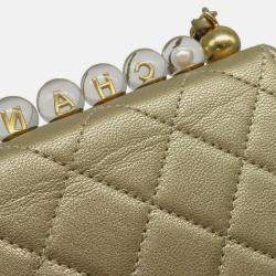Pre Owned Chanel Matelasse Clear Pearl Shoulder Bag Gold Goatskin Leather