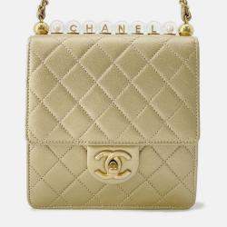 Pre Owned Chanel Matelasse Clear Pearl Shoulder Bag Gold Goatskin Leather