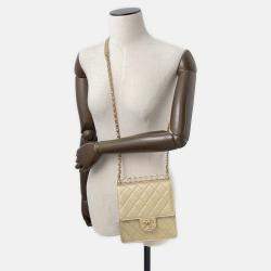 Pre Owned Chanel Matelasse Clear Pearl Shoulder Bag Gold Goatskin Leather