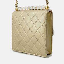 Pre Owned Chanel Matelasse Clear Pearl Shoulder Bag Gold Goatskin Leather