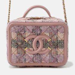 Pre Owned Chanel Ccfiligree Vanity Bag Pink/Multicolor Tweed Leather Size Small