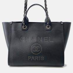 Pre Owned Chanel Deauville Chain Tote Shopping Bag Black Caviar Leather Size Gm