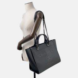 Pre Owned Chanel Deauville Chain Tote Shopping Bag Black Caviar Leather Size Gm