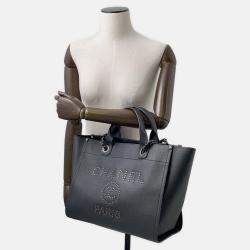 Pre Owned Chanel Deauville Chain Tote Shopping Bag Black Caviar Leather Size Gm