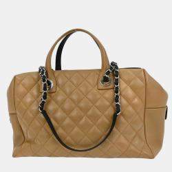 Pre Owned Chanel Black Beige Calfskin Featherweight Bowling Bag