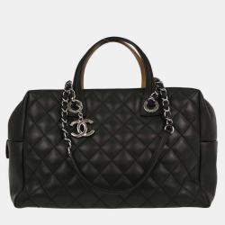 Pre Owned Chanel Black Beige Calfskin Featherweight Bowling Bag