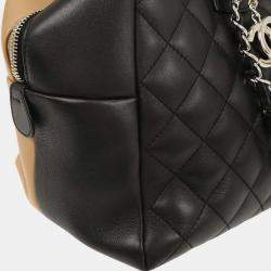 Pre Owned Chanel Black Beige Calfskin Featherweight Bowling Bag