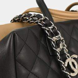 Pre Owned Chanel Black Beige Calfskin Featherweight Bowling Bag
