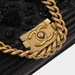 Pre Owned Boy Chanel Black Lambskin Camellia Small Chain Shoulder Bag