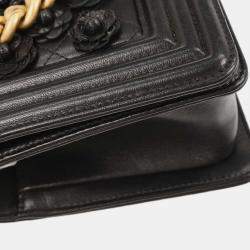Pre Owned Boy Chanel Black Lambskin Camellia Small Chain Shoulder Bag