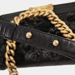 Pre Owned Boy Chanel Black Lambskin Camellia Small Chain Shoulder Bag