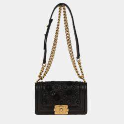 Pre Owned Boy Chanel Black Lambskin Camellia Small Chain Shoulder Bag
