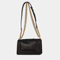 Pre Owned Boy Chanel Black Lambskin Camellia Small Chain Shoulder Bag